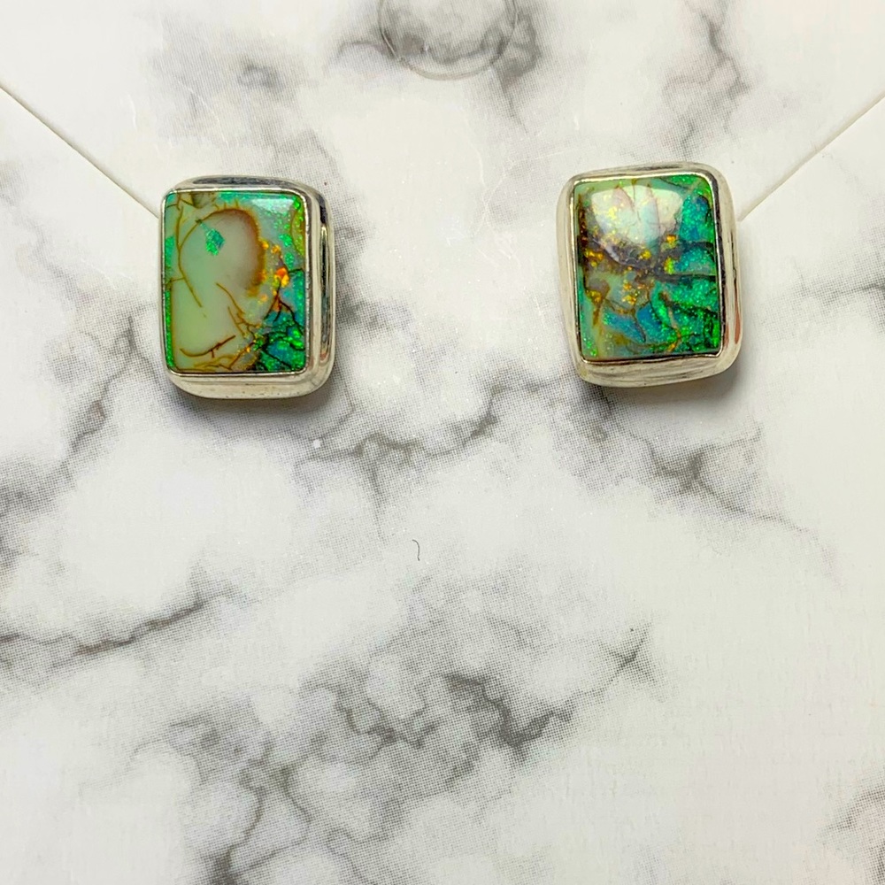 Solid Sterling Natural Opal Stud Earrings - image 1